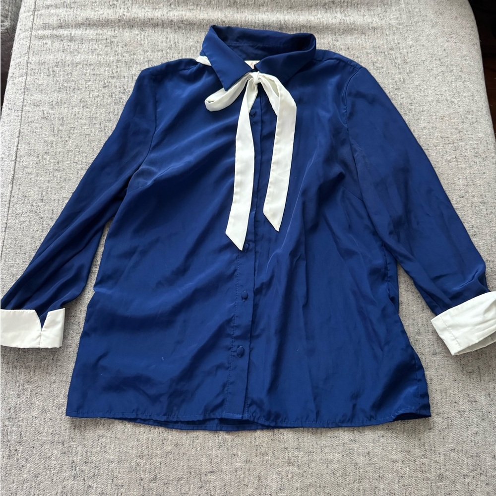 Vintage Inspired Blue Button-Up Blouse with White Accents